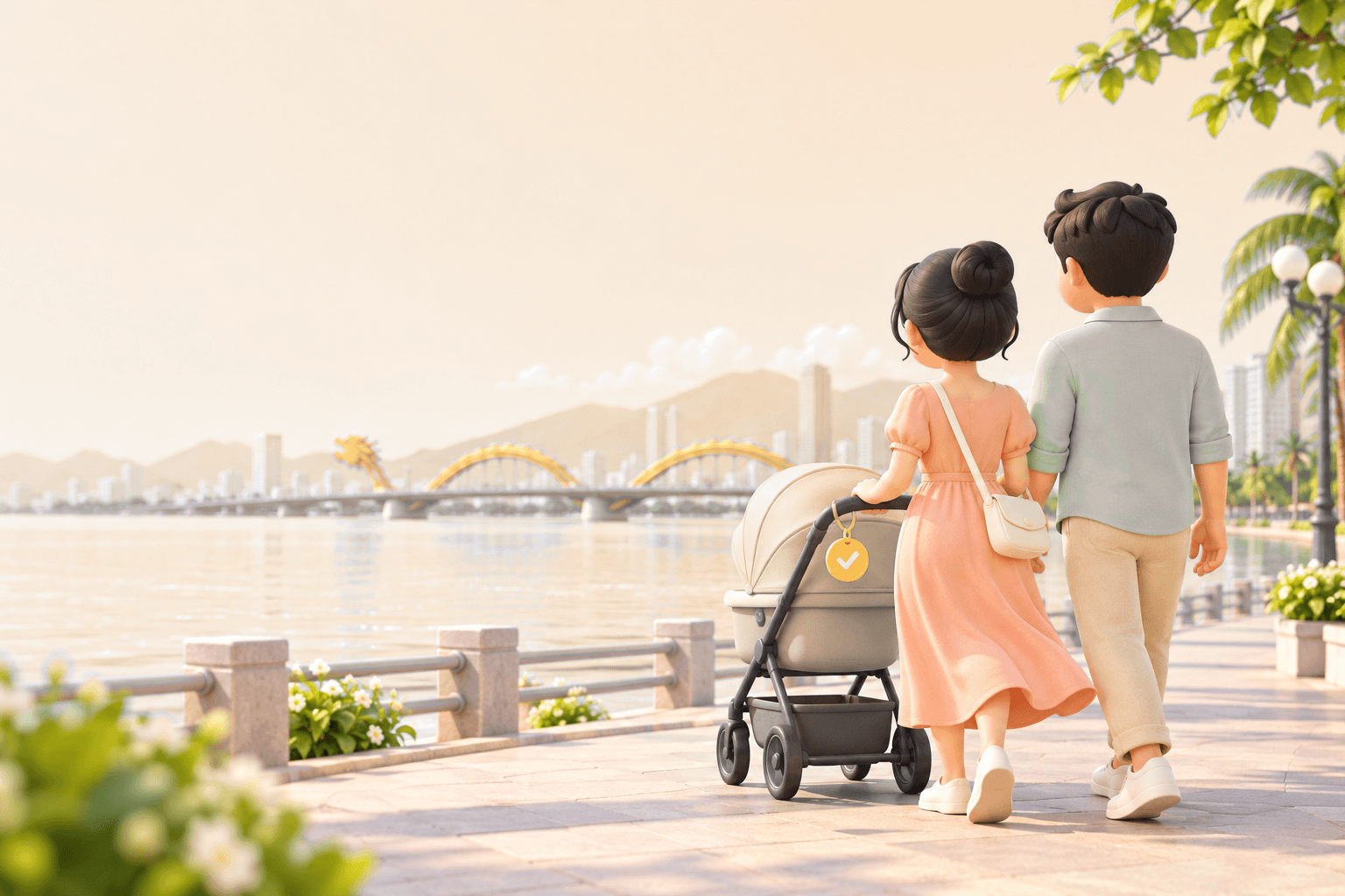 Minh họa hai vợ chồng đẩy xe nôi trên đường ven biển Đà Nẵng
