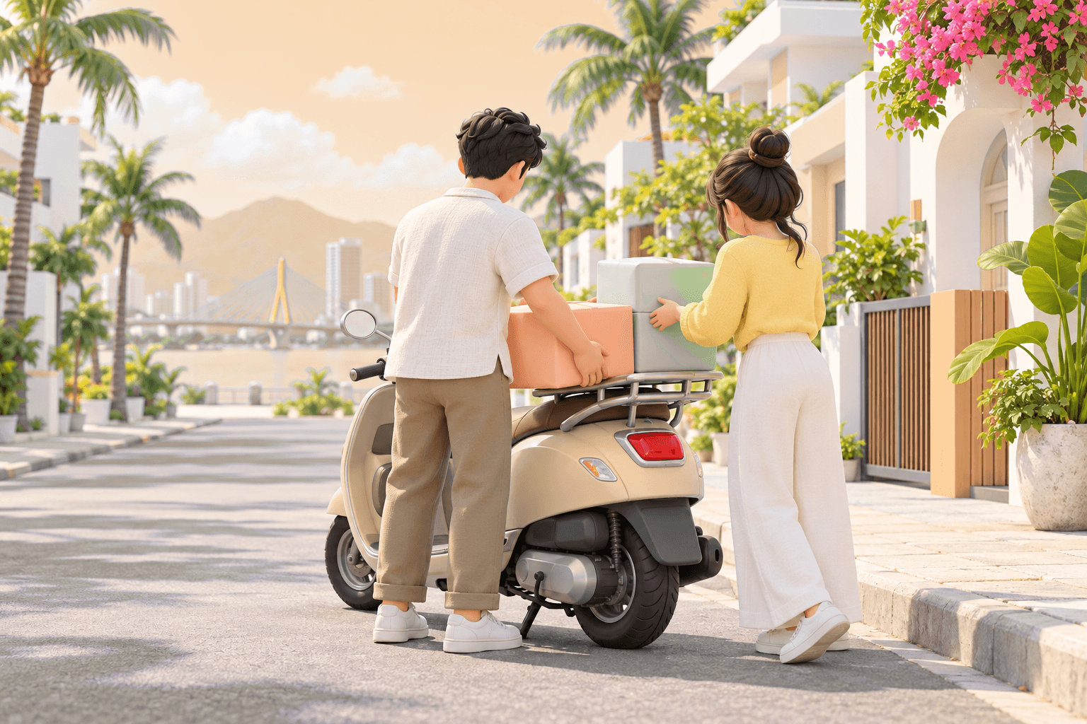 Minh họa hai vợ chồng chở hàng bằng xe máy trên phố Đà Nẵng